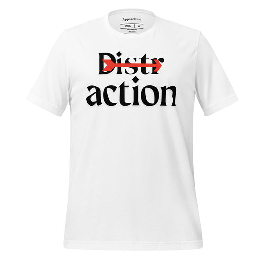 Front view of a black t-shirt with a beige and black print centered on the chest, a red arrow piercing the middle of the word.