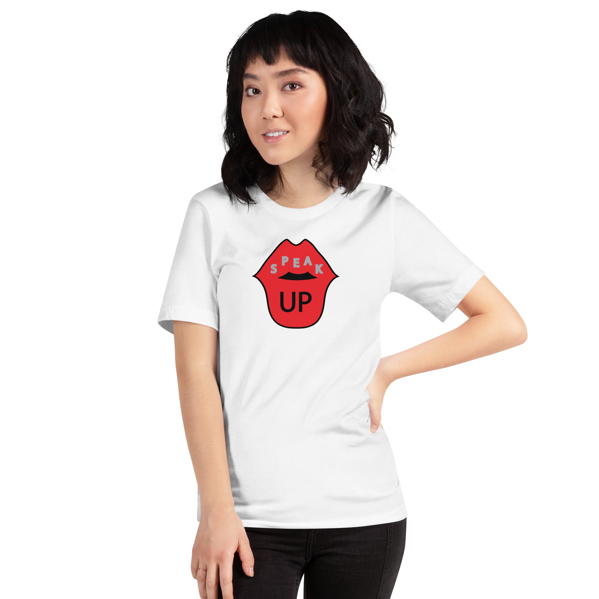 Model wearing the Apparel Hue Art 'Speak Up' t-shirt in a relaxed, casual pose, full length