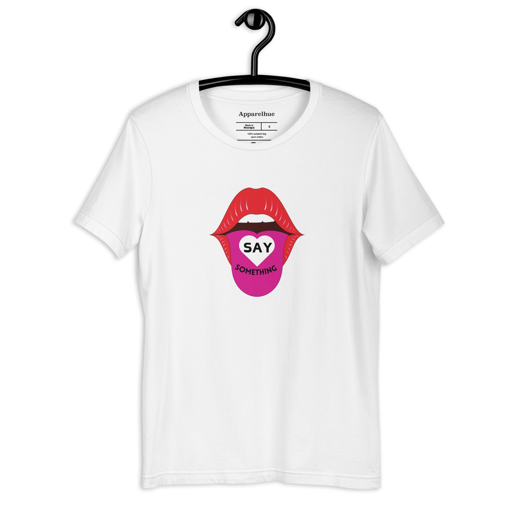 Say Something Graphic Tee from Apparelhue art, white cotton, featuring a bold, central black text print.