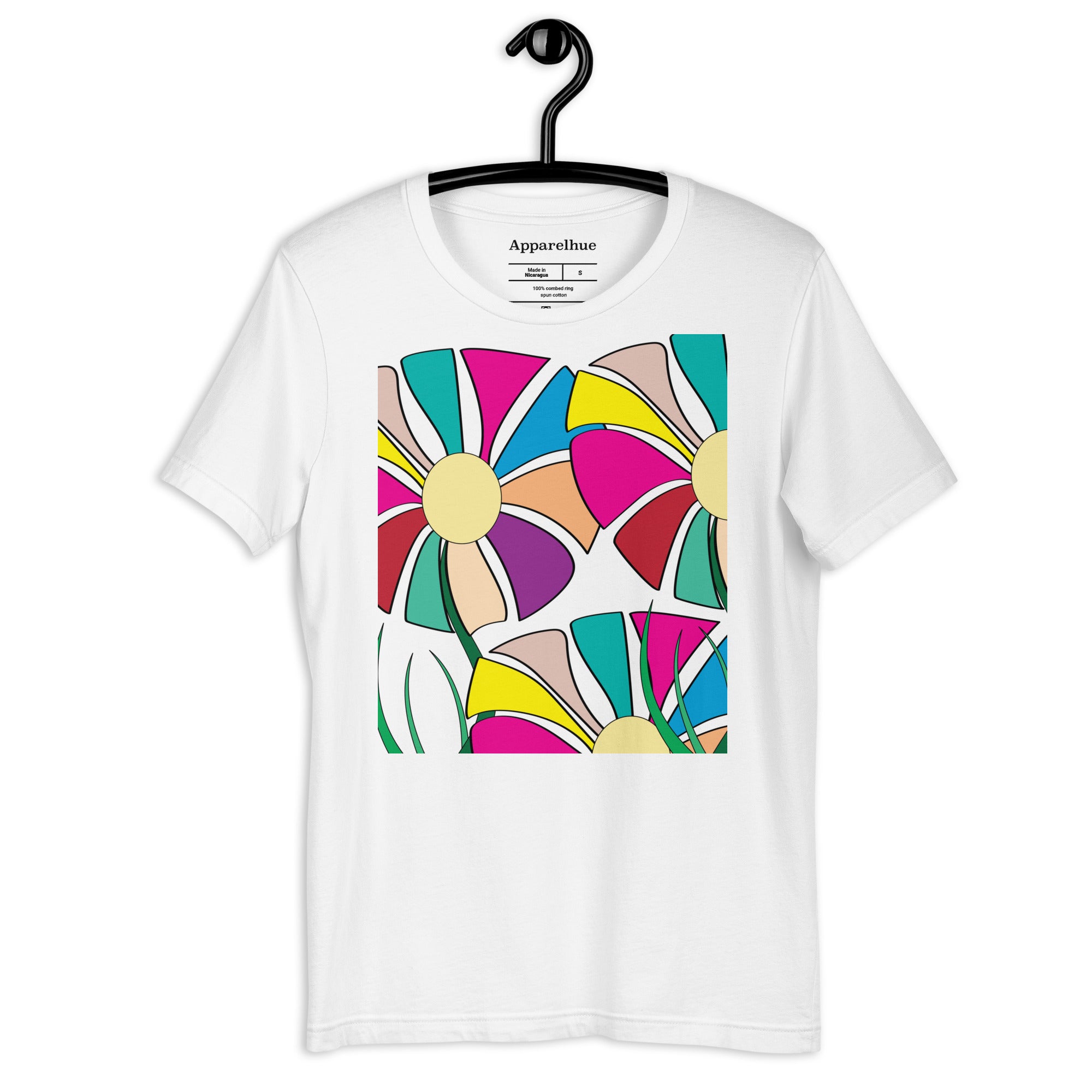 Close‑up detailed floral artwork on cotton t‑shirt