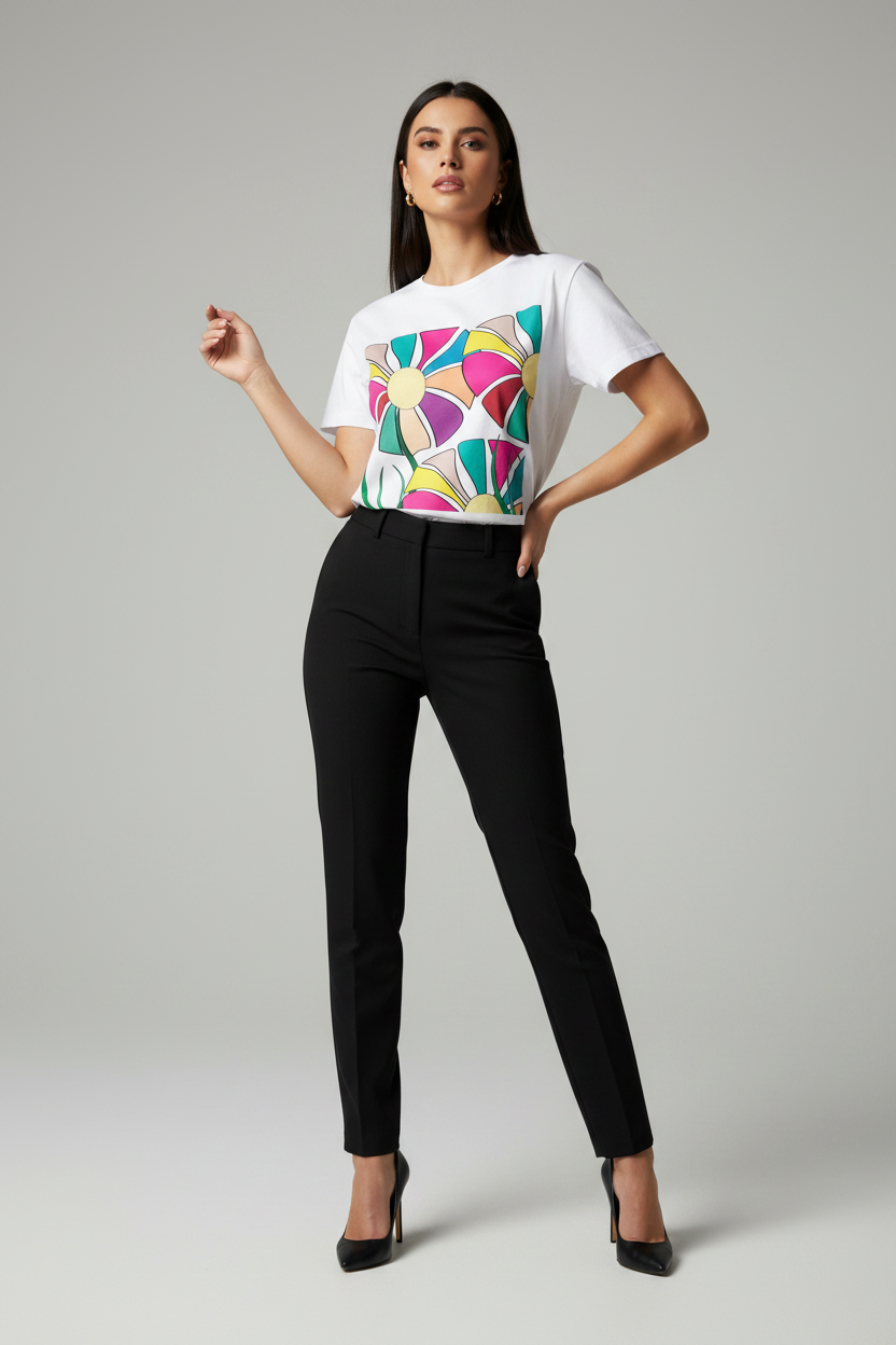 A woman modeling a white short-sleeve t-shirt with a colorful geometric pattern on the front, paired with black pants and black heels, against a light gray studio background.