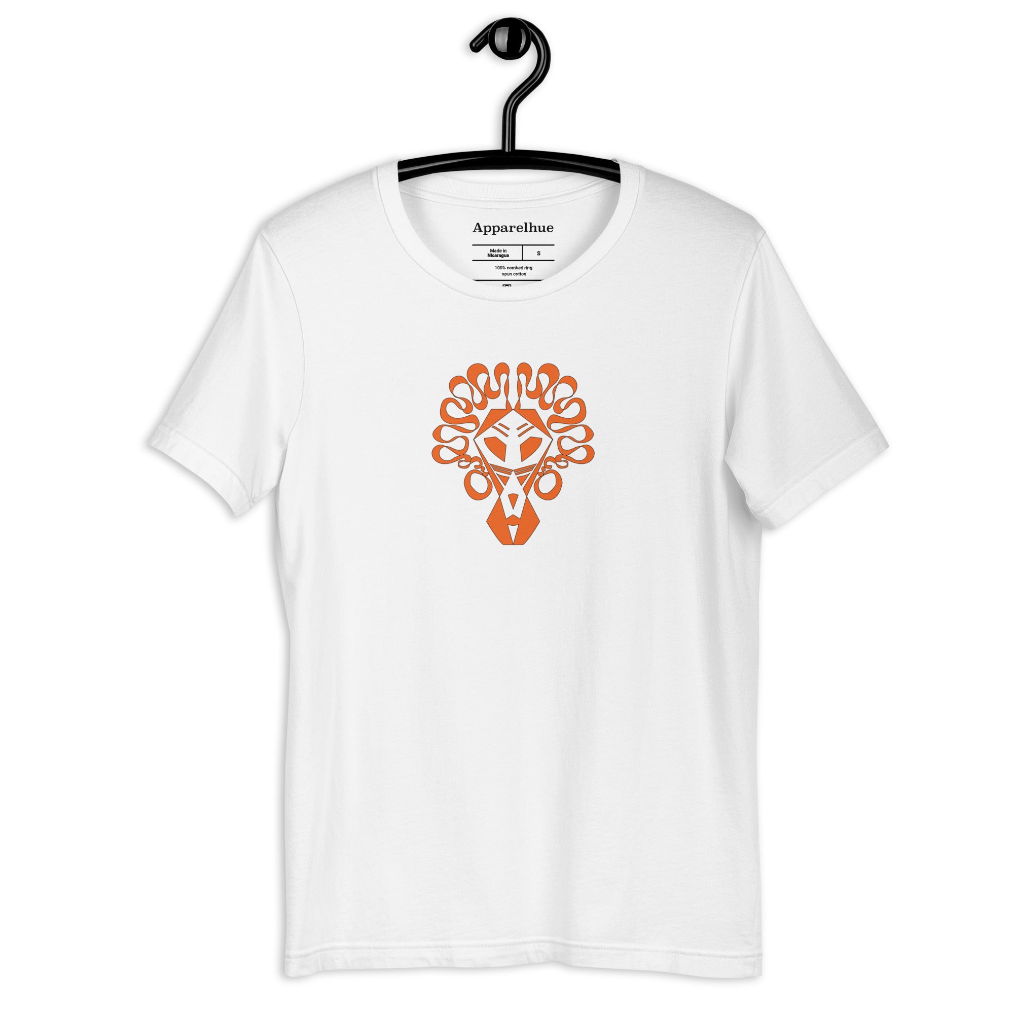 Line art lion graphic on black unisex tee shirt front view