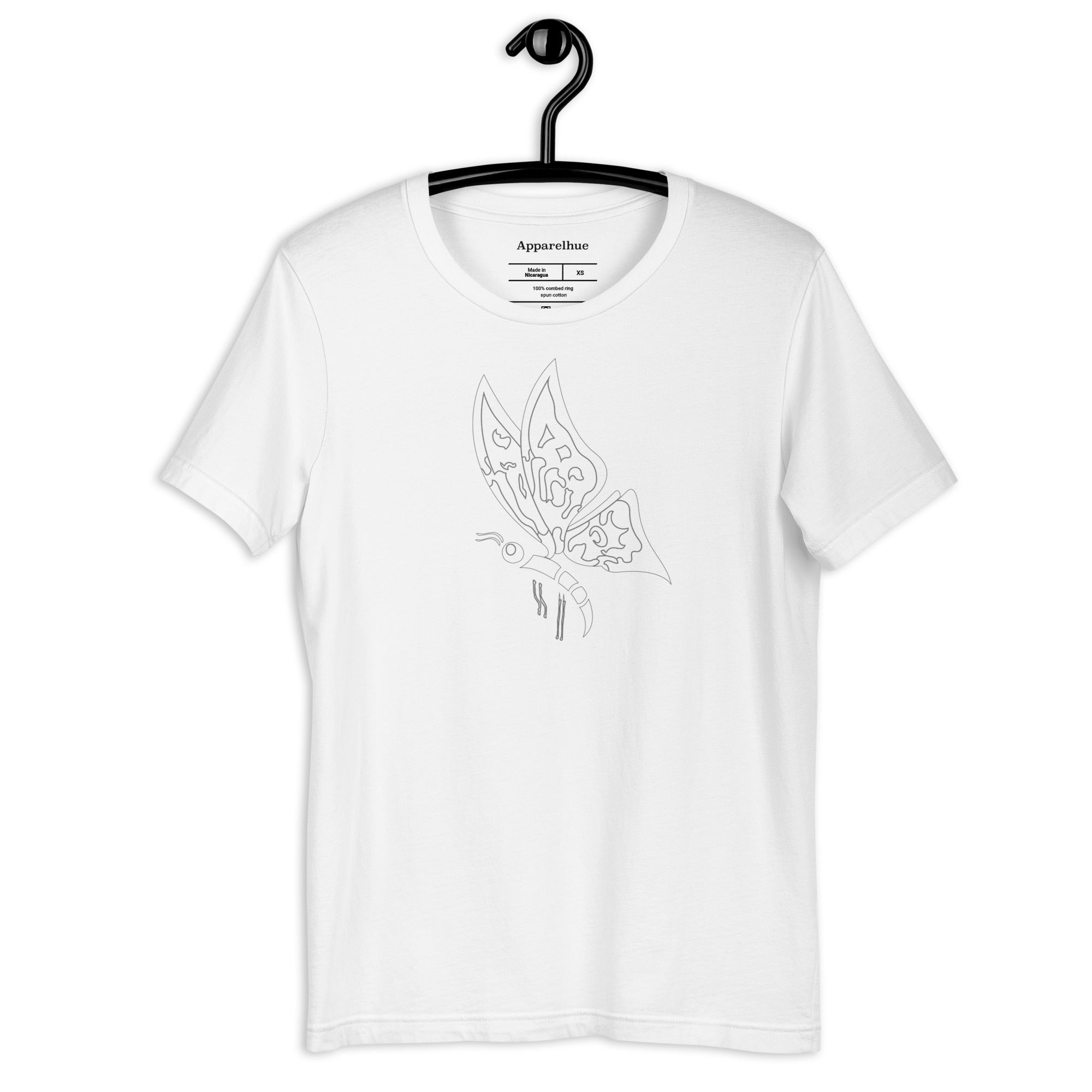 Close-up of the modern butterfly graphic print on a black t-shirt.