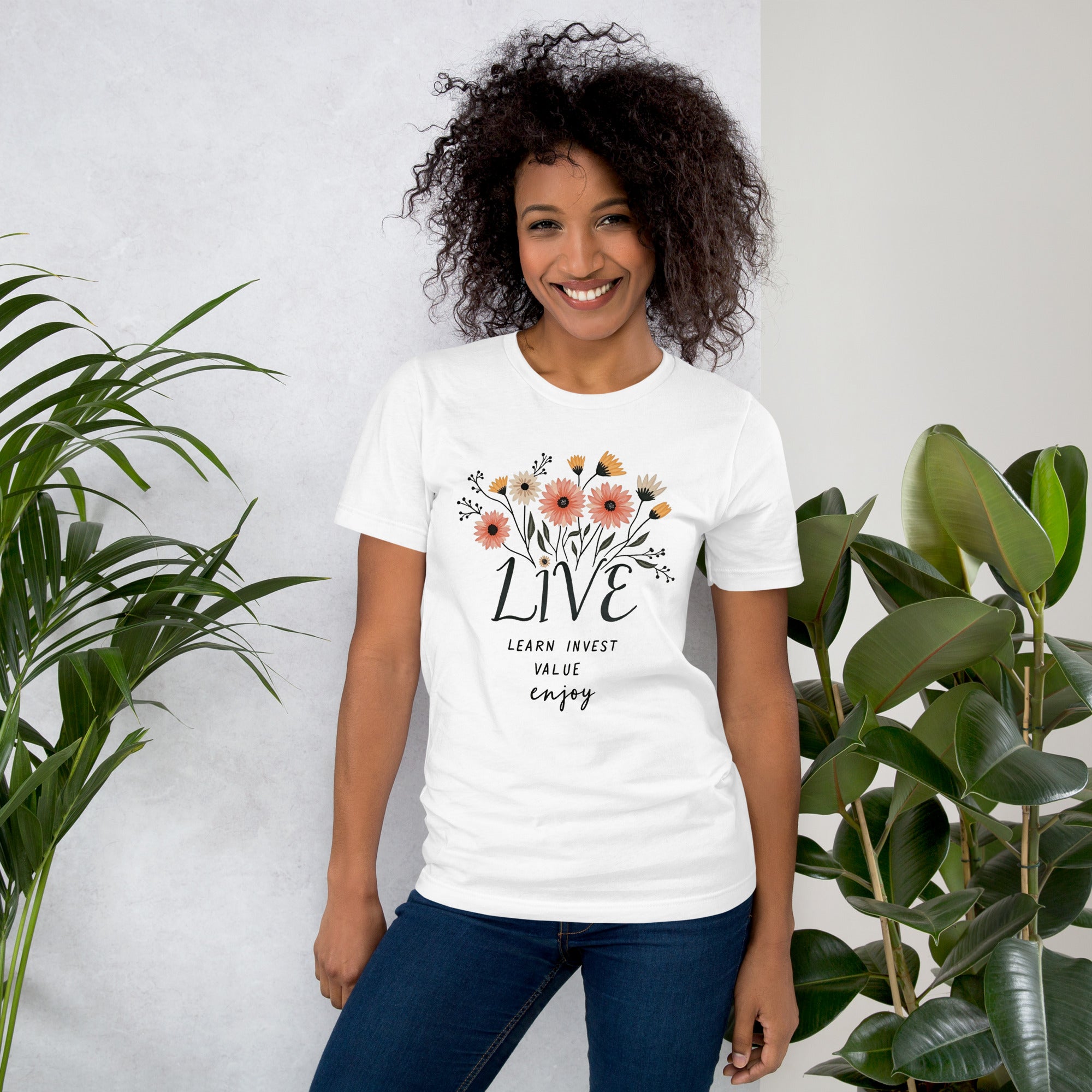 Model wearing LIVE Learn Invest Value Enjoy motivational tee