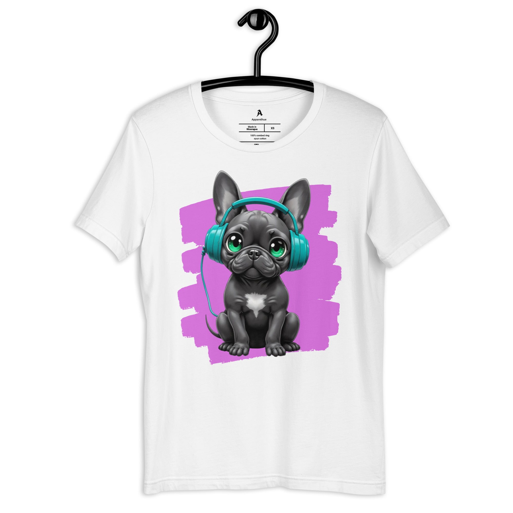 Cute Frenchie puppy graphic with green eyes and purple paint stroke background.