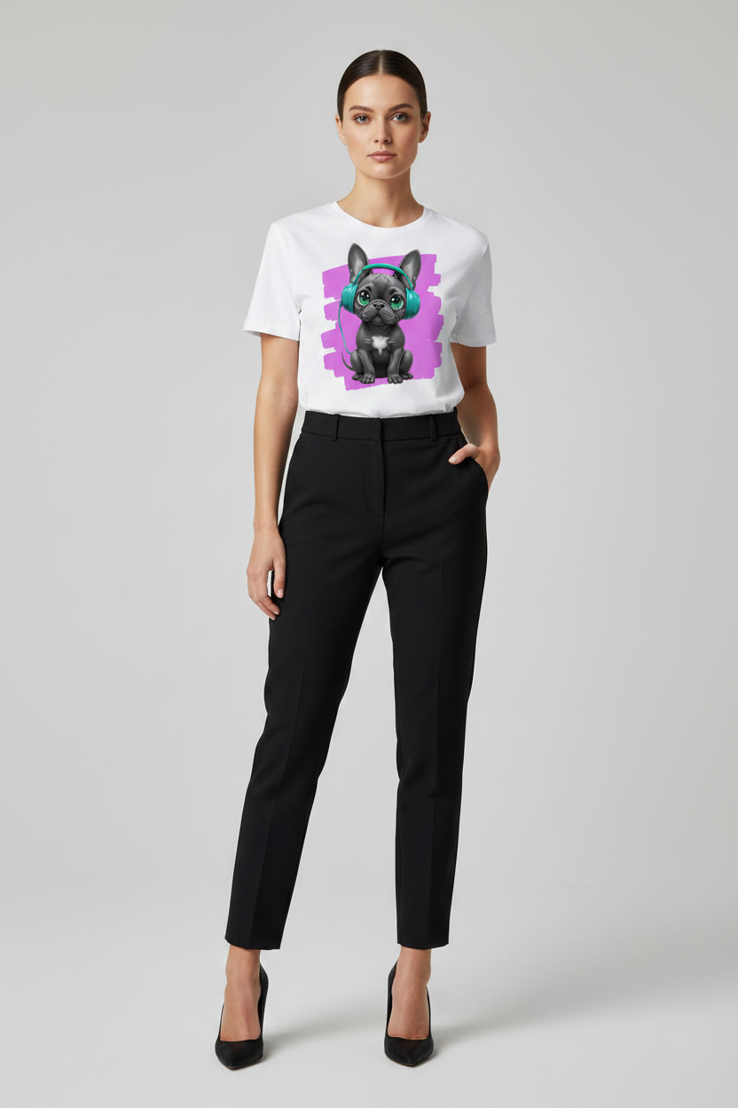 Woman wearing a white t-shirt with a dog graphic and black pants on a light gray background