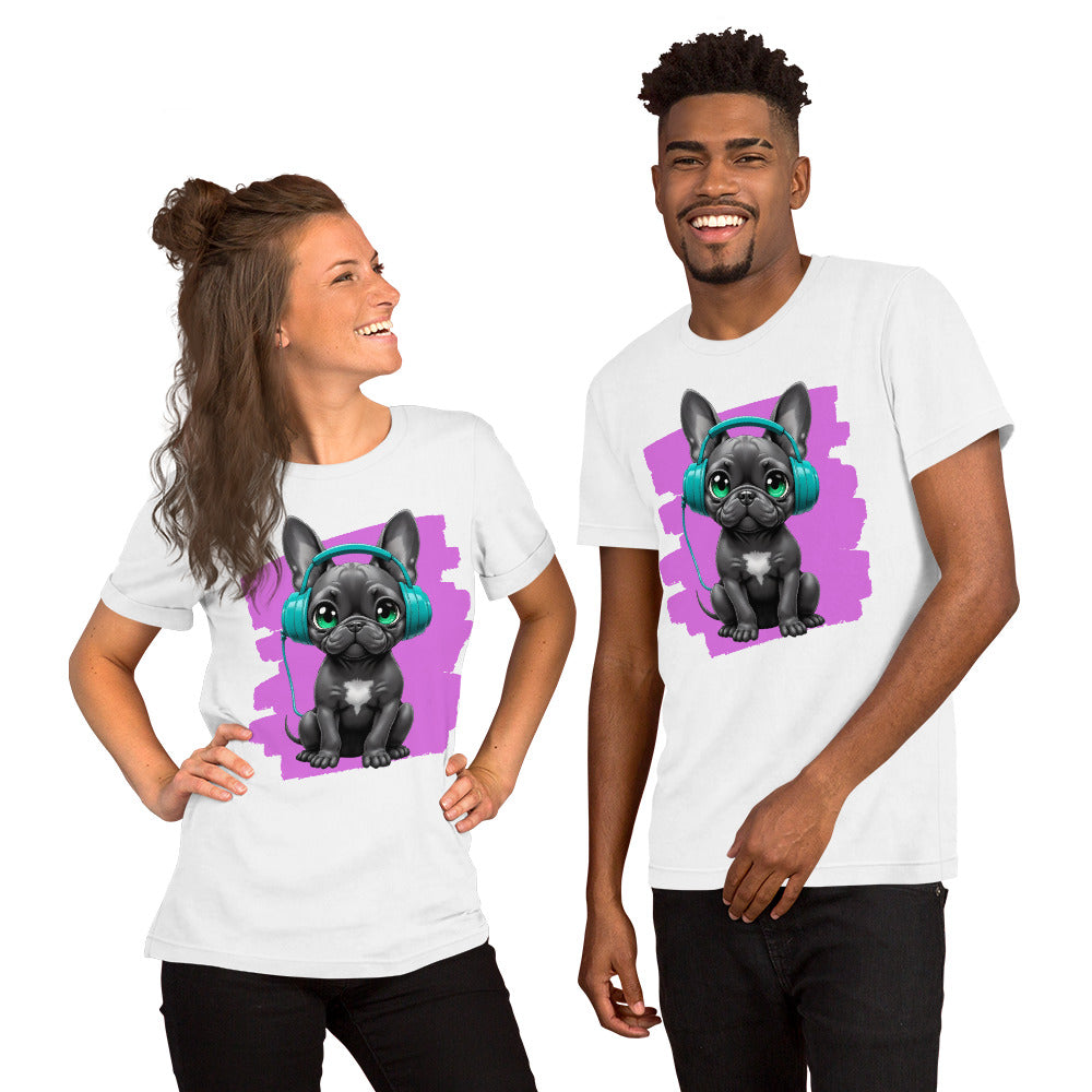 Frenchie puppy with headphones and big green eyes shirt print.