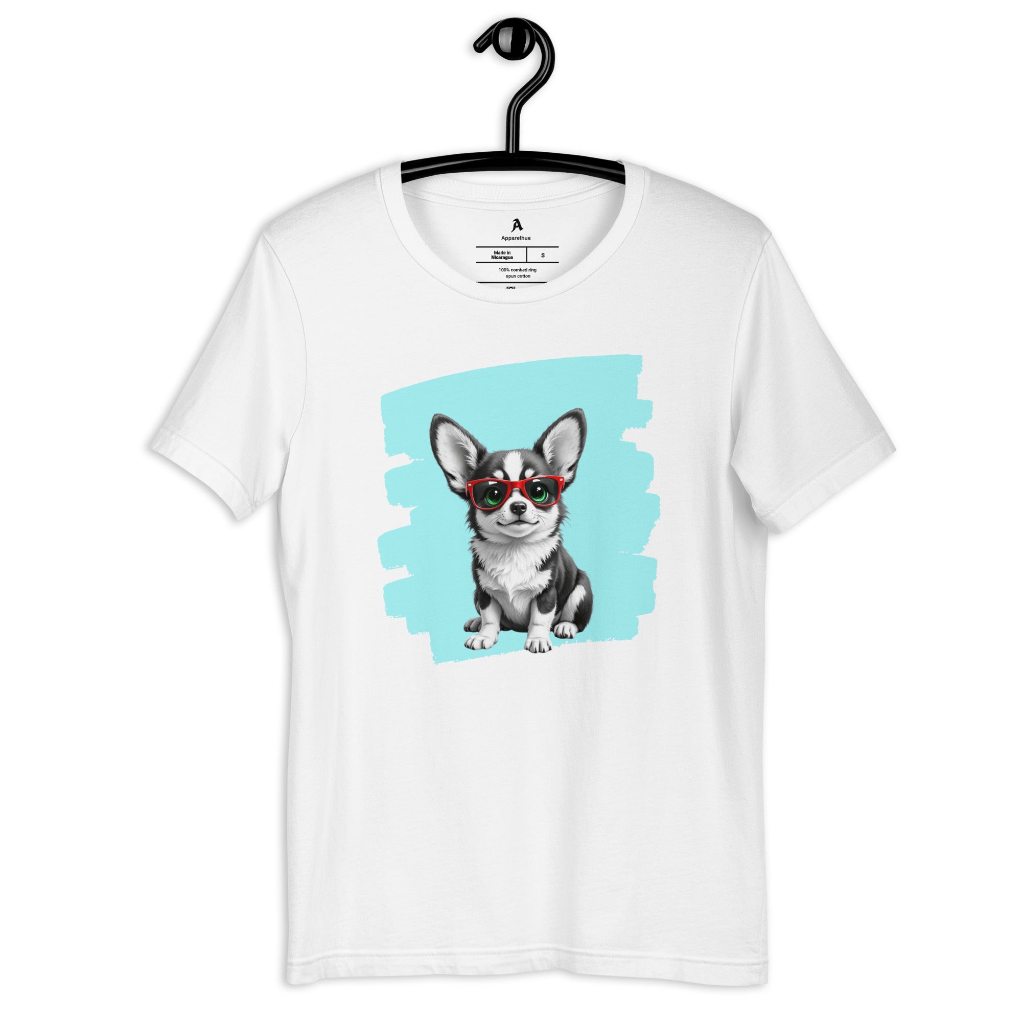Adorable puppy wearing shades on a textured blue background.