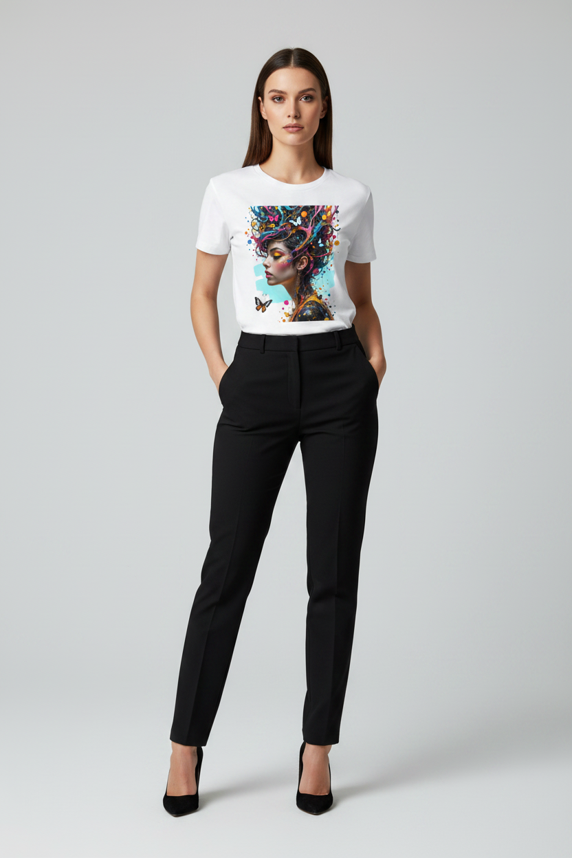A woman modeling a white short-sleeve crewneck t-shirt with a colorful graphic print of a woman with flowers in her hair, paired with black trousers and black heels, against a light gray studio background.