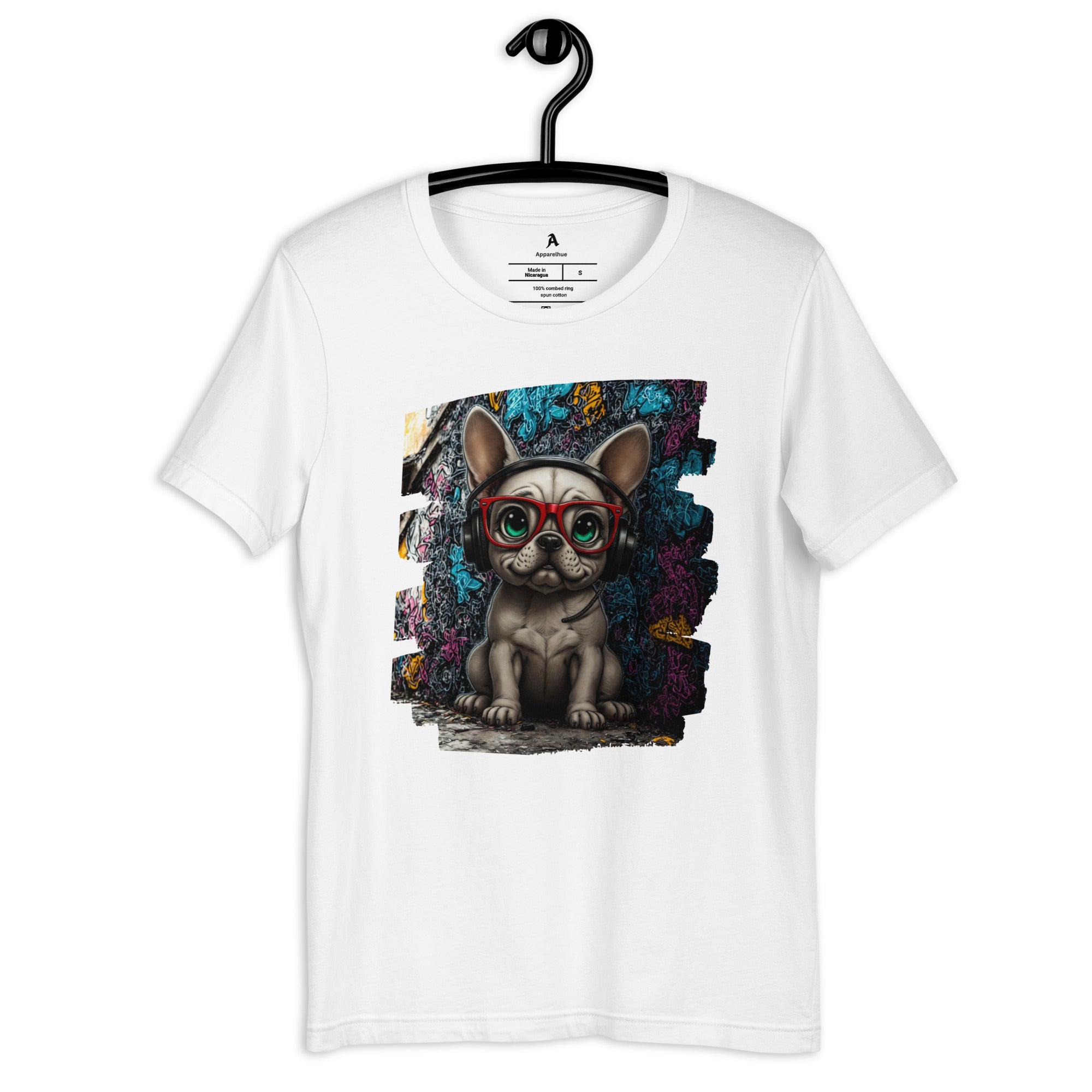 High-definition print of a Frenchie in red glasses on a premium black crew-neck T-shirt.