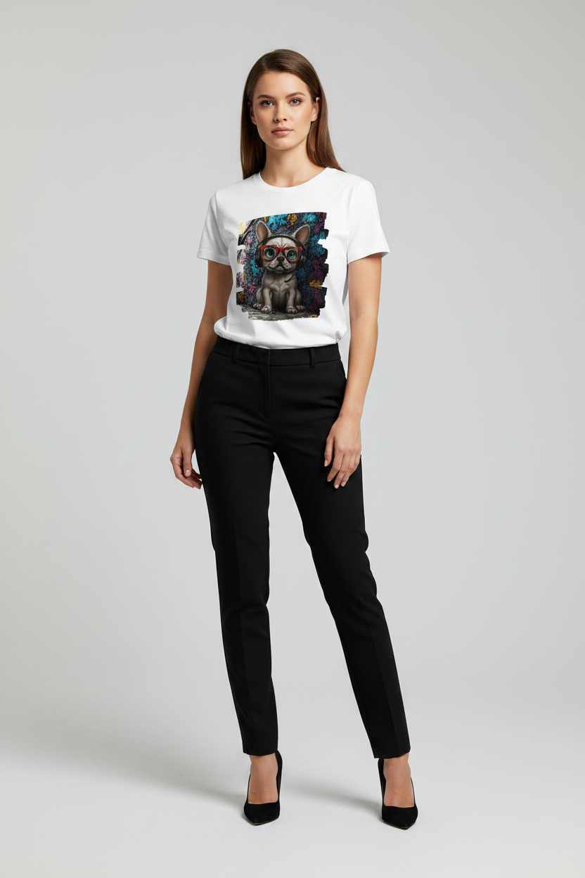A woman modeling a white short-sleeve graphic T-shirt with a colorful dog print, paired with black pants and black heels, against a light gray studio background.