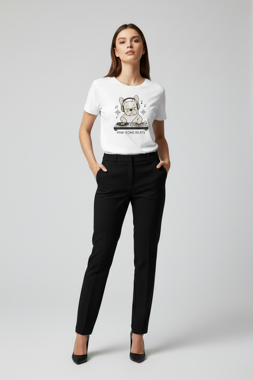 A woman modeling a white short-sleeve graphic T-shirt with a cartoon dog and the text 'OW YOUR OWN PET' paired with black trousers and black heels, against a light gray studio background.