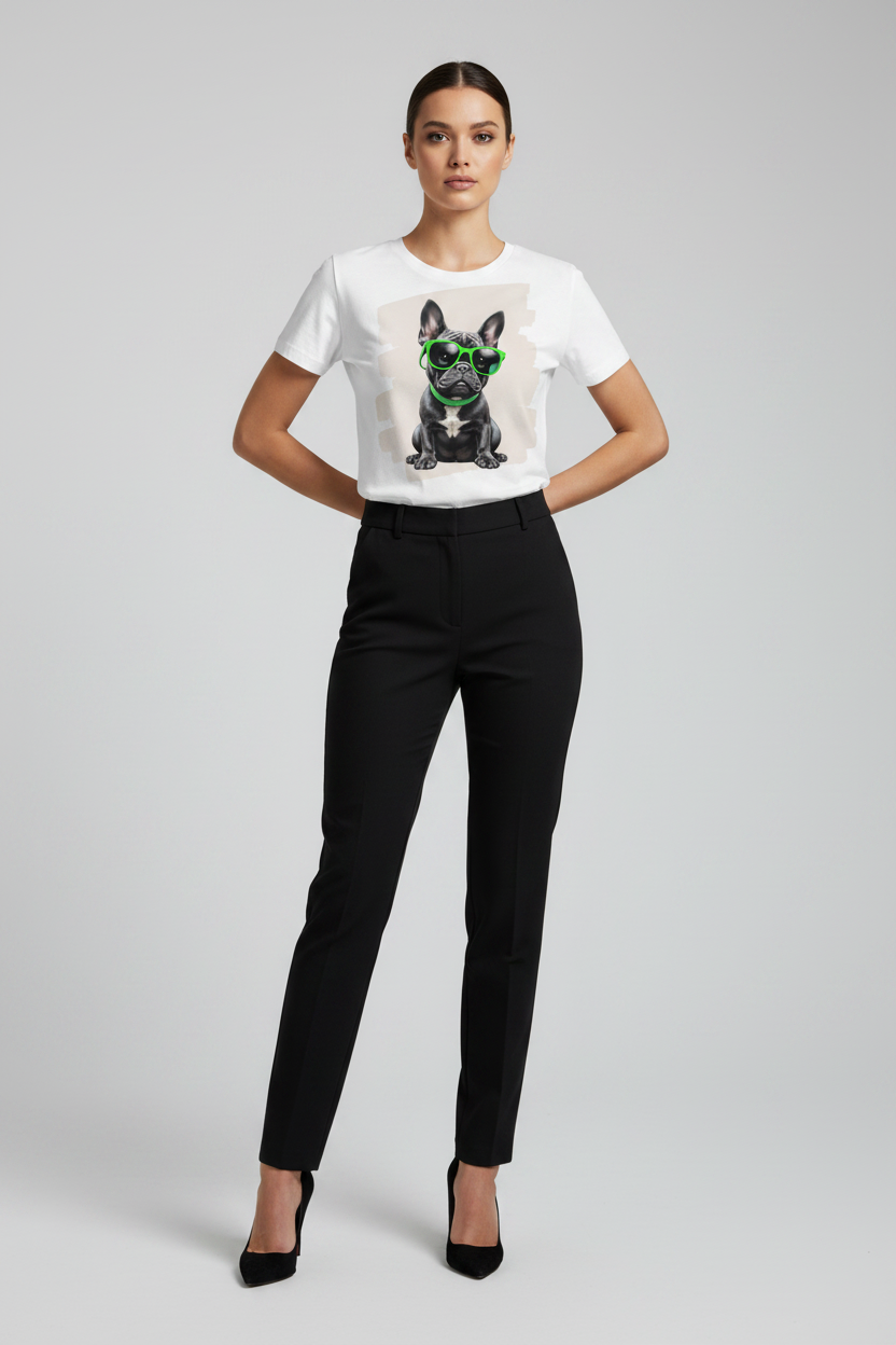 A model wearing a white short-sleeve crewneck t-shirt with a graphic of a black French Bulldog wearing green sunglasses, paired with black trousers and black heels, against a light gray studio background.