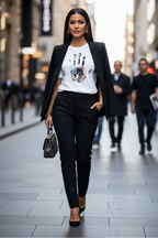 Woman in a stylish outfit walking down a city street