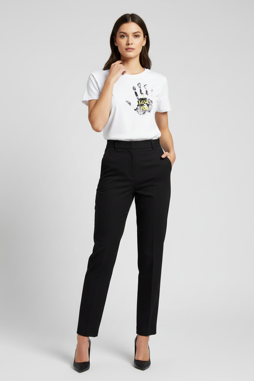 Woman wearing a white t-shirt with a graphic design and black pants on a light gray background