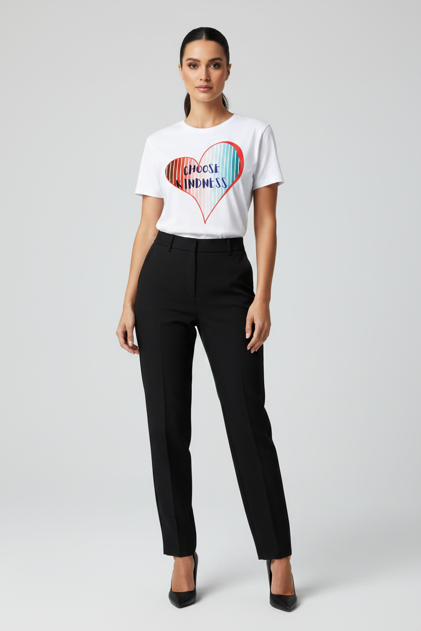 Woman wearing a white t-shirt with a colorful graphic and black pants on a light gray background