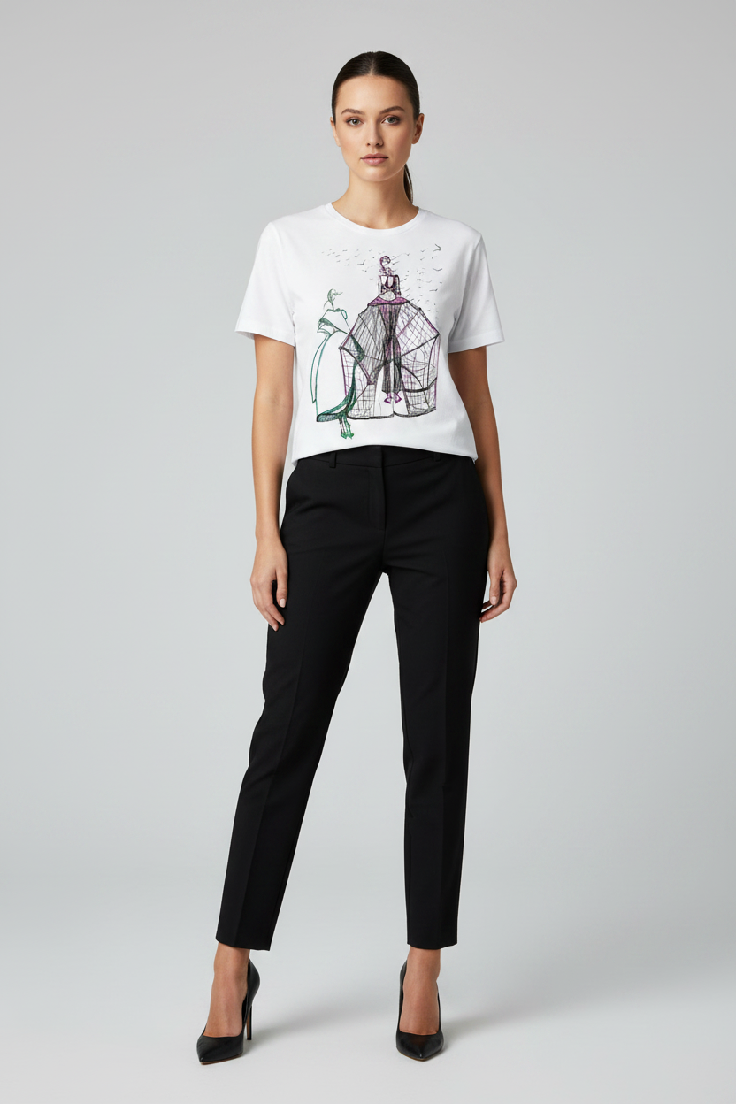 Woman wearing a white t-shirt with a colorful design and black pants on a light gray background