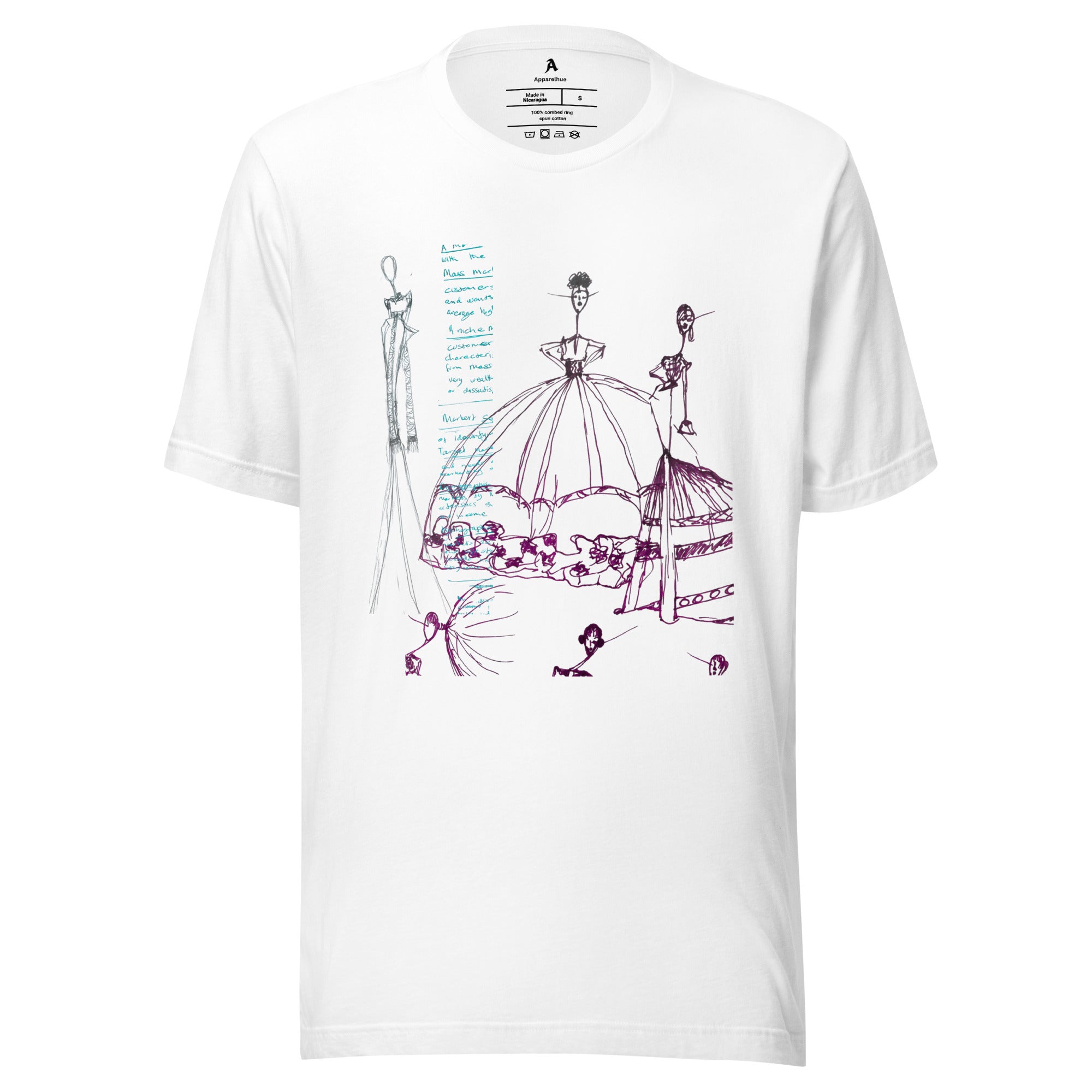 White graphic t-shirt with abstract female art design