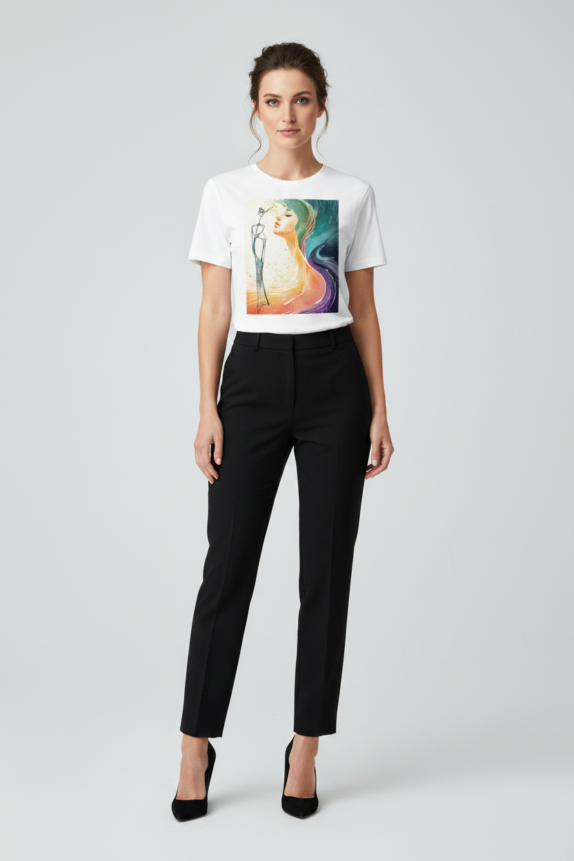 Woman wearing a white t-shirt with a colorful graphic and black pants on a light gray background
