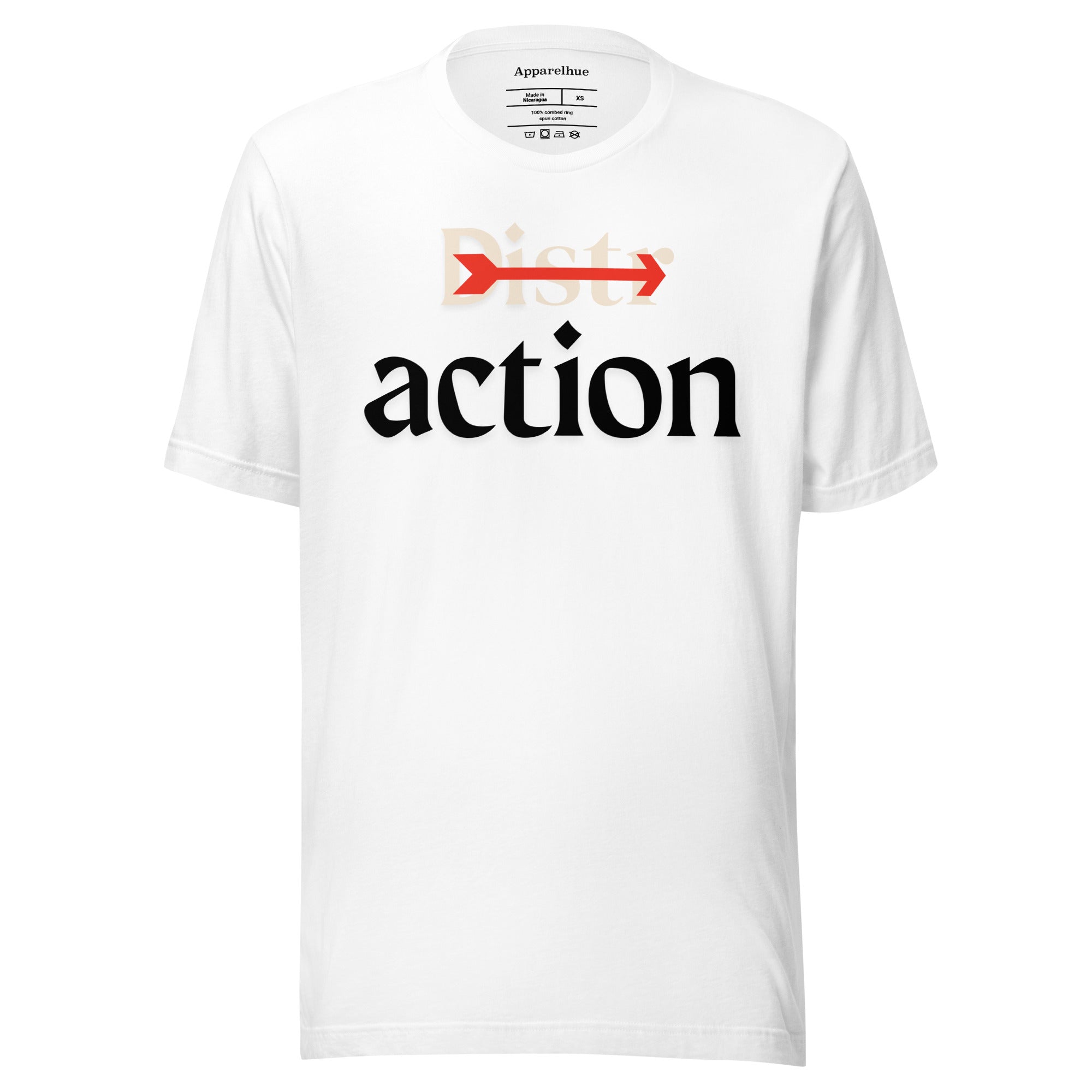 Front view of a white Apparelhue unisex t-shirt featuring a minimalist graphic design with the word 'action' in black serif typography.