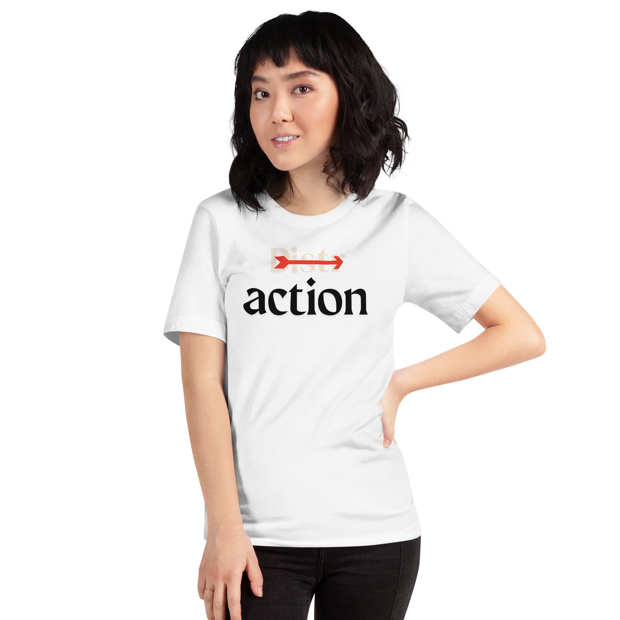 A white crew neck tee displaying a red arrow striking through the faded word 'Distr' above a bold black 'action' print.