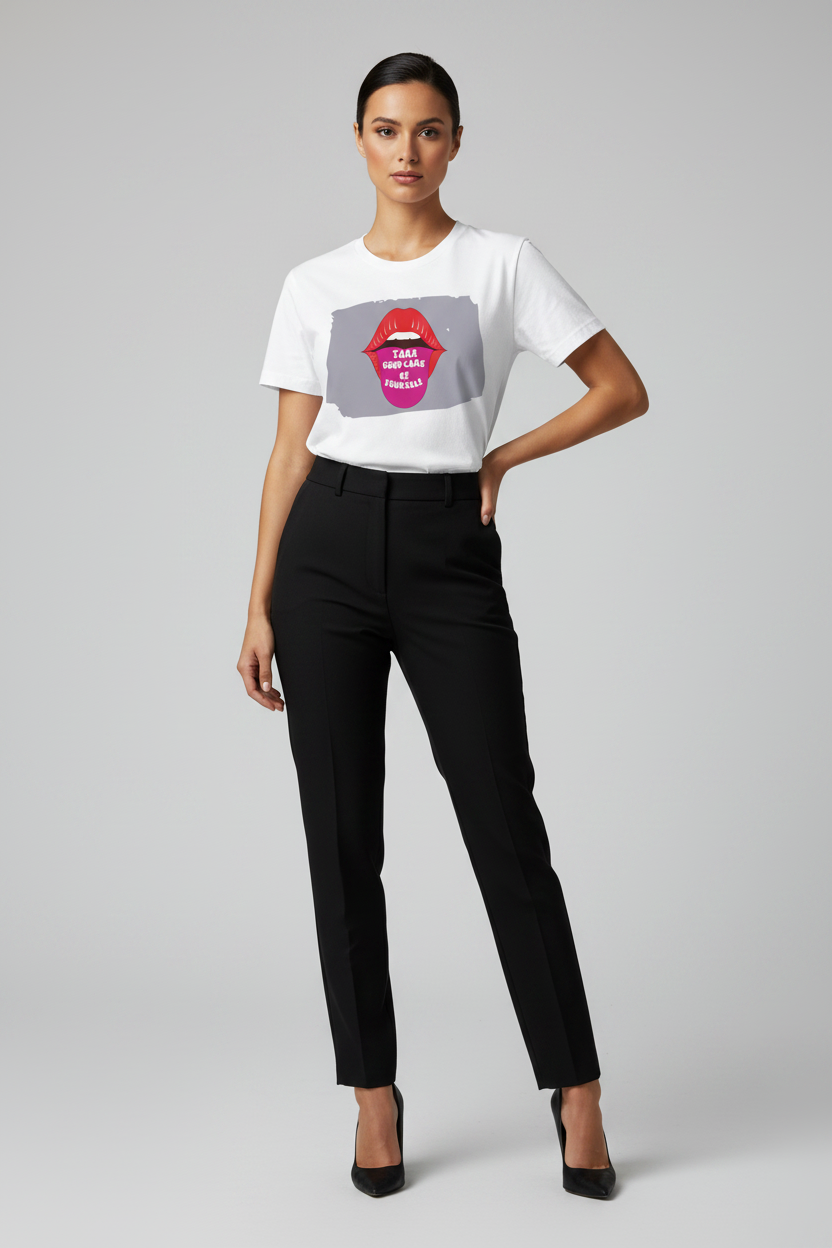 A model wearing a white crewneck t-shirt with a graphic of red lips and the text 'I'M NOT SLEEPING' on a gray background, paired with black trousers and black heels, against a light gray studio backdrop.