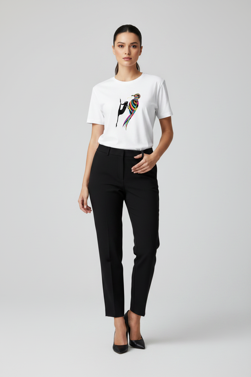 A woman modeling a white short-sleeve crewneck t-shirt with a colorful bird graphic on the chest, paired with black trousers and black heels, against a light gray studio background.