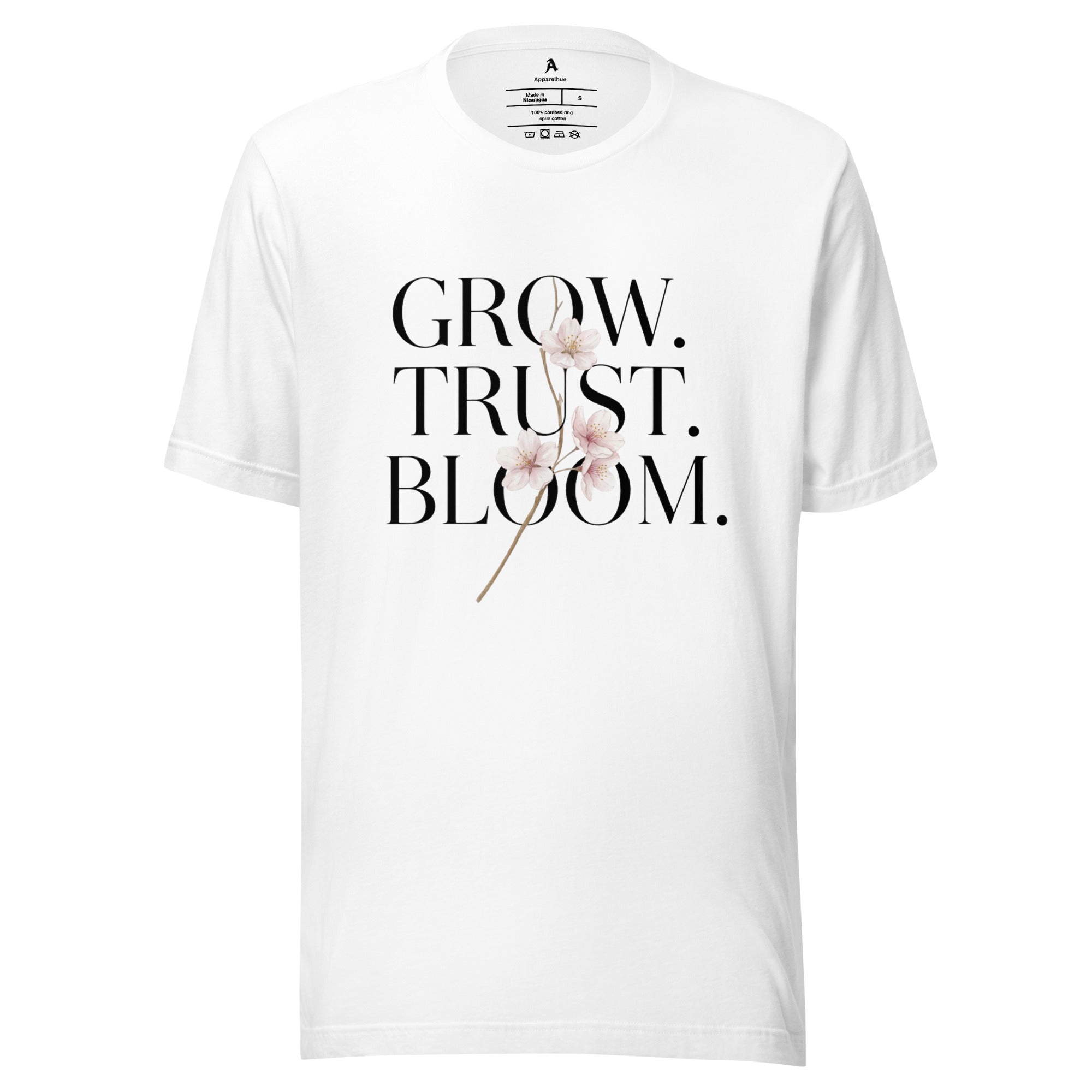 Inspirational Grow Trust Bloom graphic tee close-up