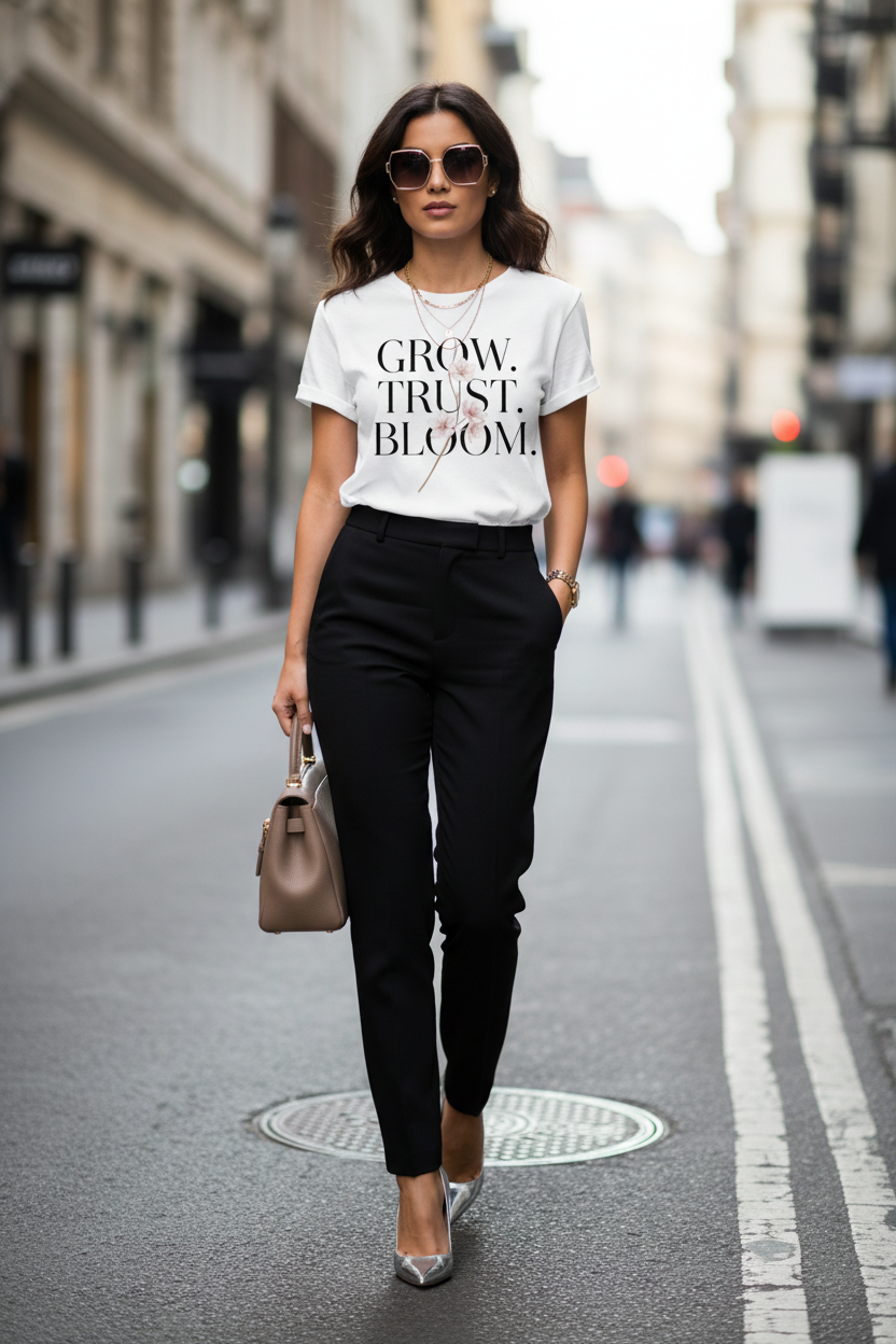 Woman walking on a city street wearing a white t-shirt with text and black pants.