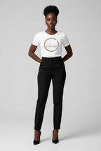 Person wearing a white t-shirt with a logo and black pants on a light gray background