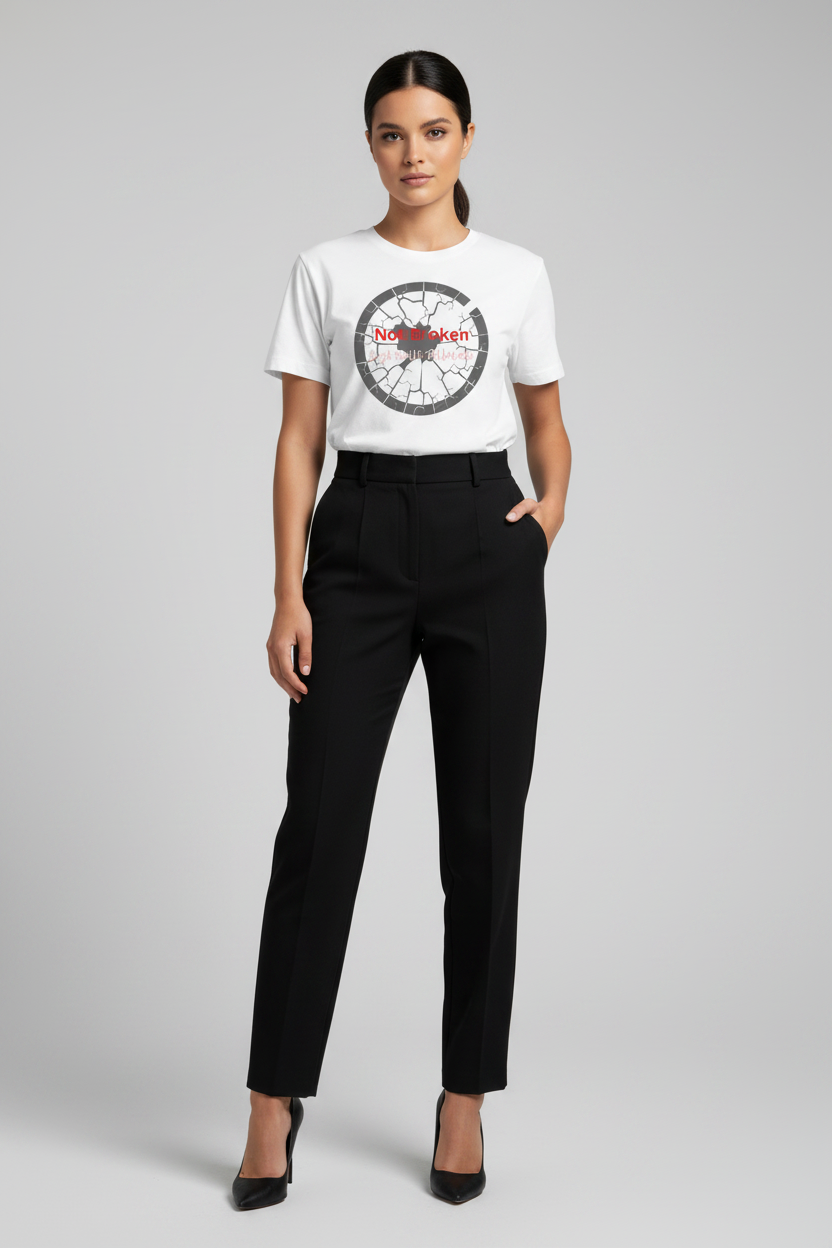 Woman wearing a white t-shirt with a graphic design and black pants on a gray background