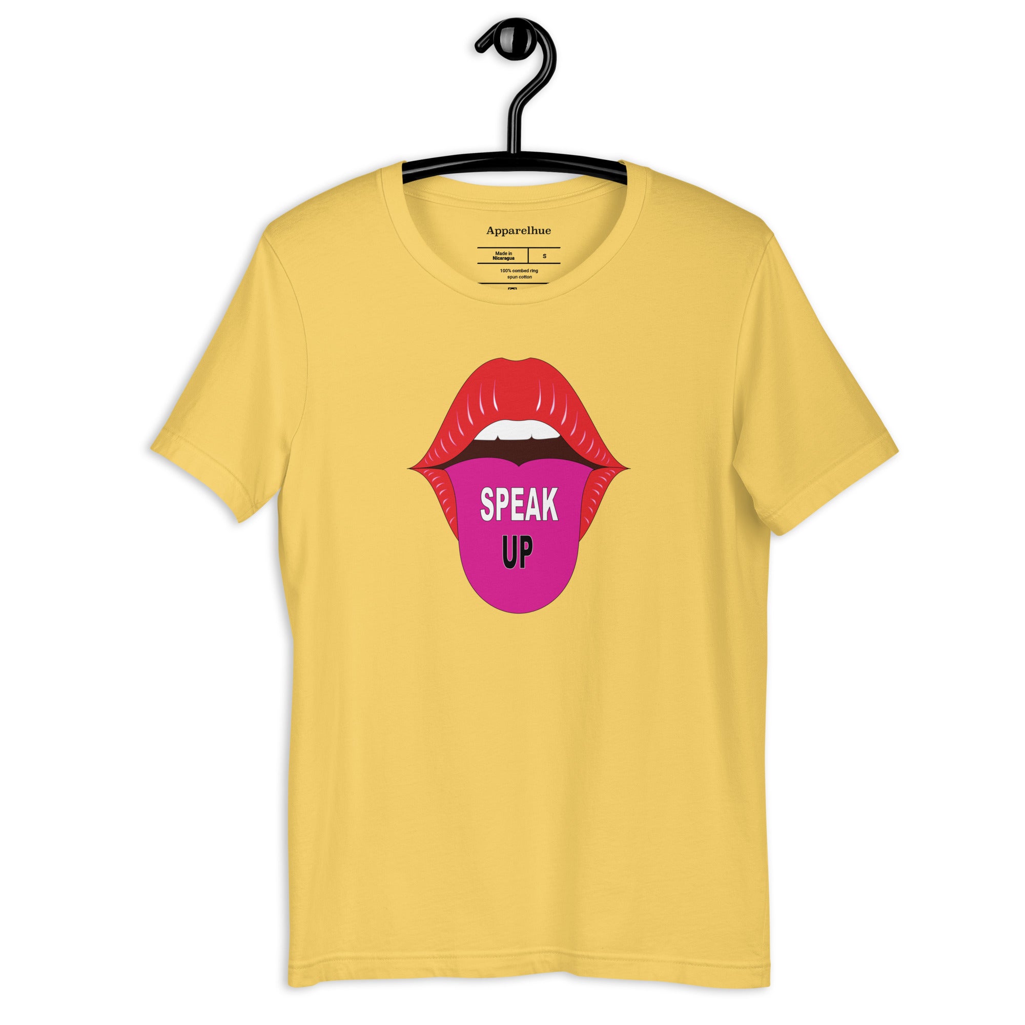 Unisex styling of the Speak Up Tee paired with a denim jacket.