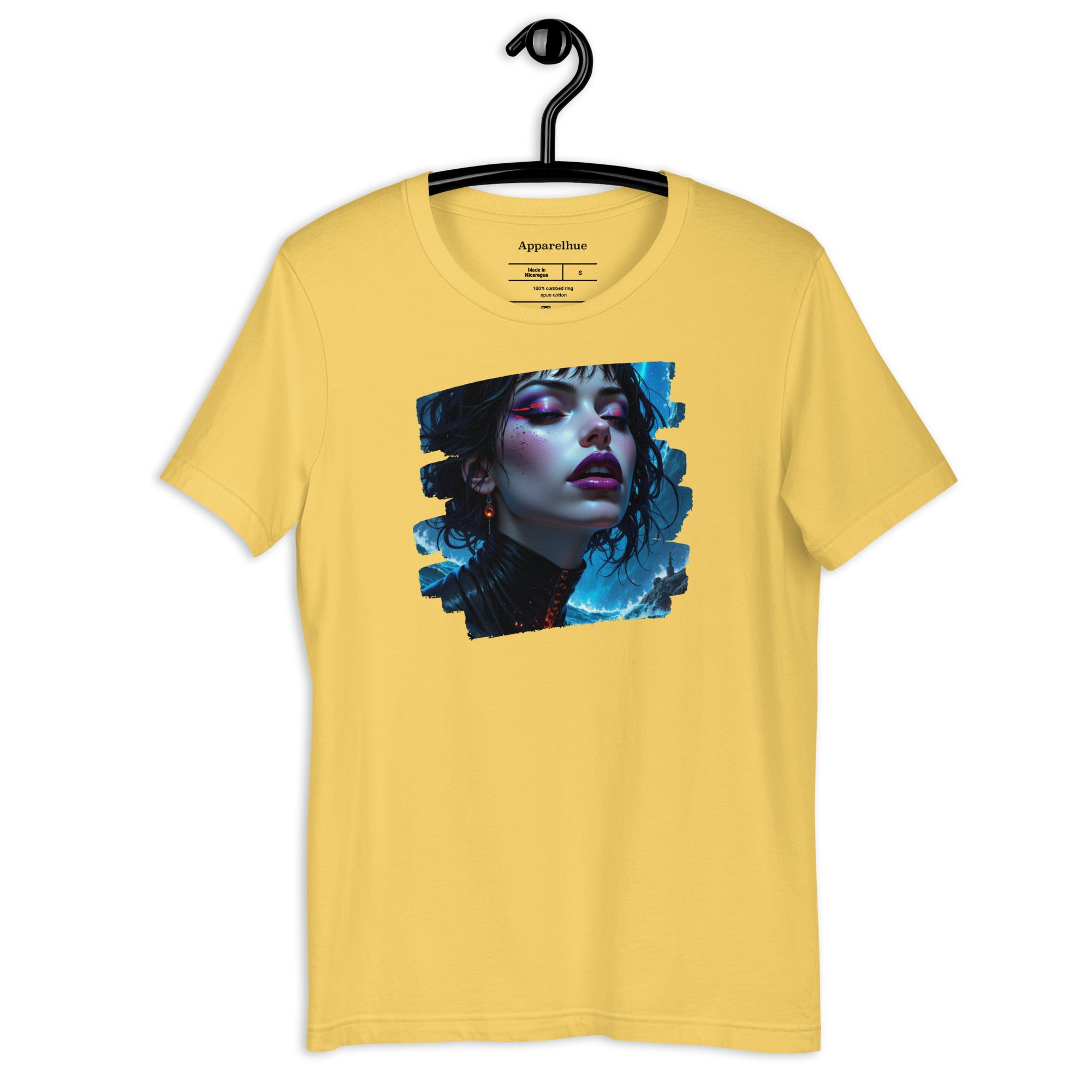Neon glitch art design on a high-quality black t-shirt.