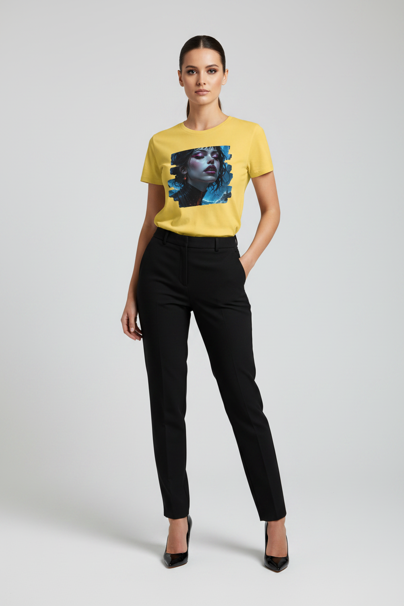 A woman modeling a bright yellow short-sleeve t-shirt with a large graphic print of a woman's face in black and blue, paired with black trousers and black heels, against a light gray studio background.