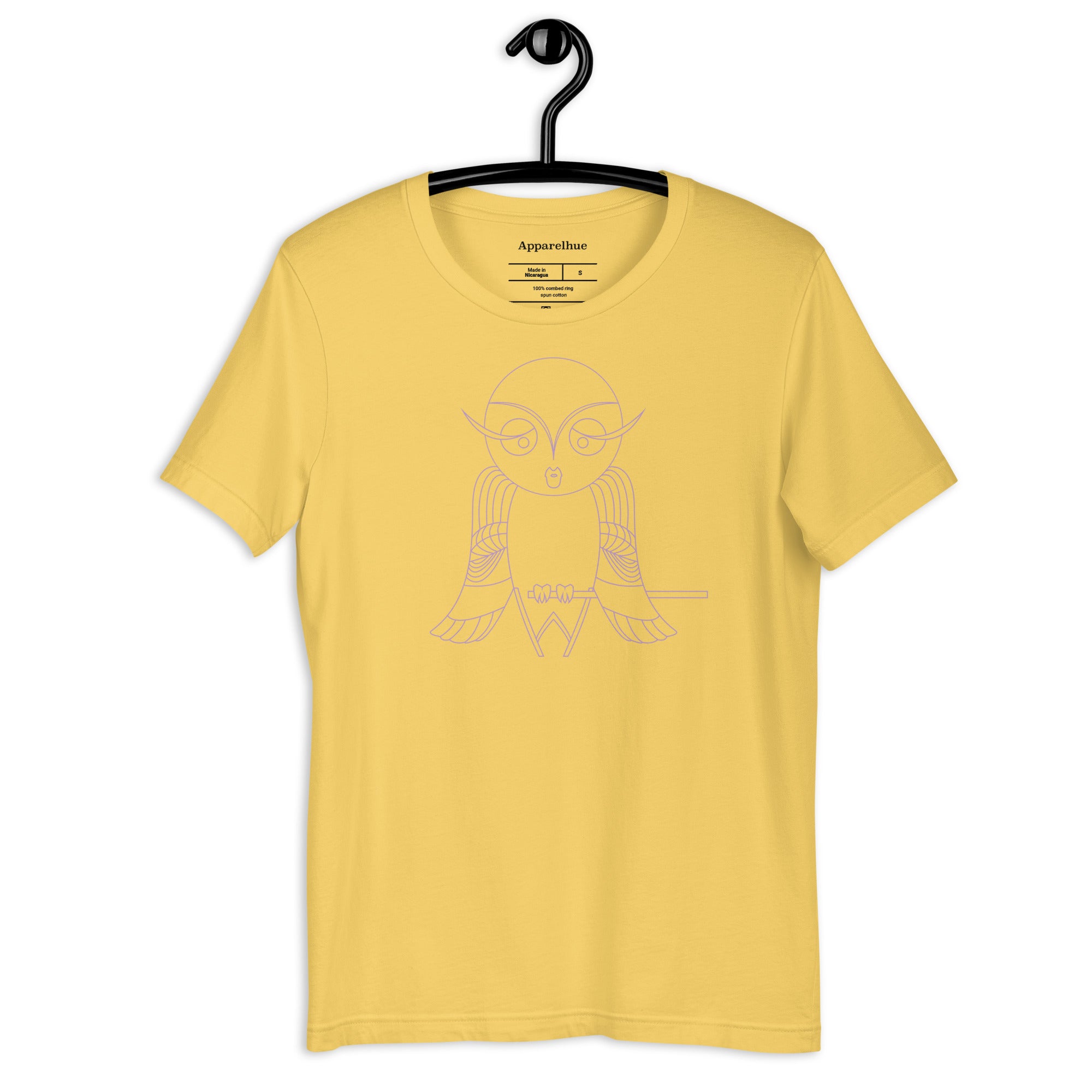 Close-up of the minimalist purple owl line art design on chest.