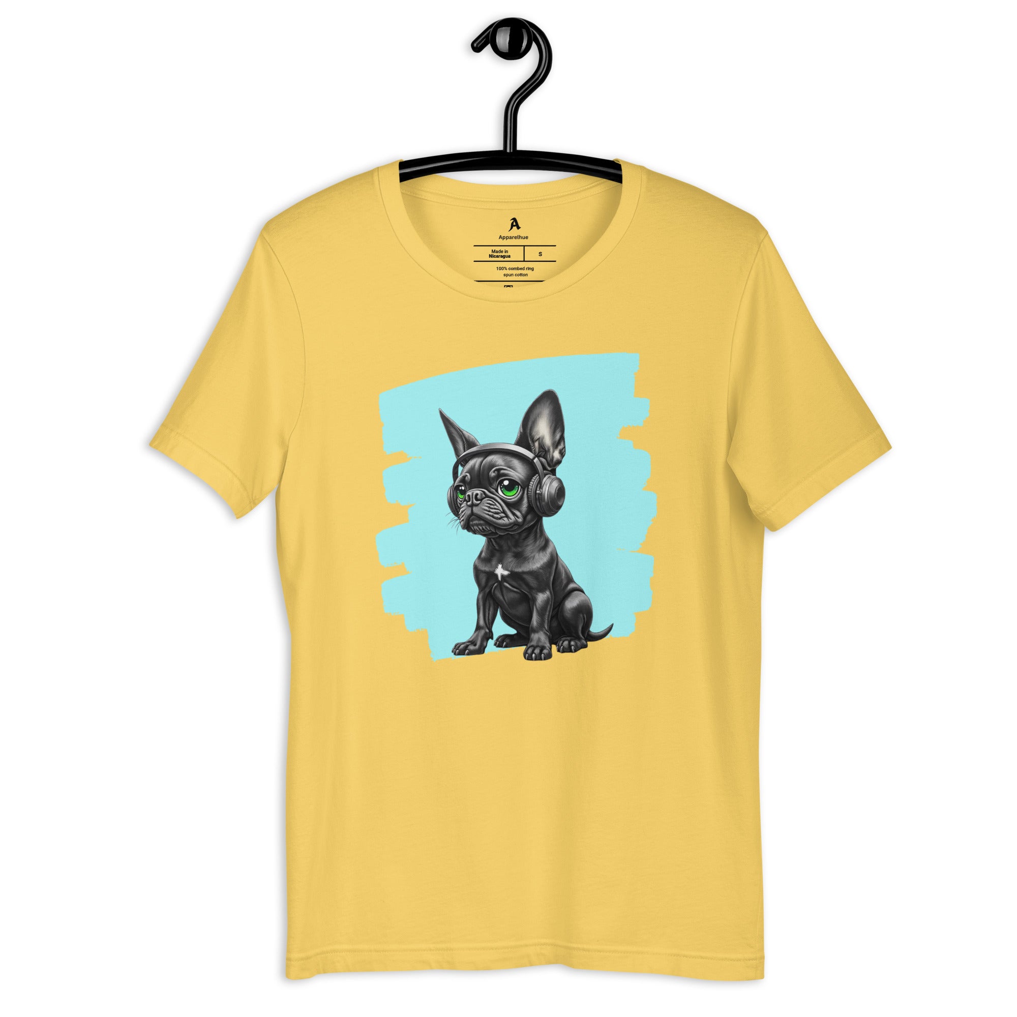 Modern pop-art style French Bulldog with headphones apparel design.