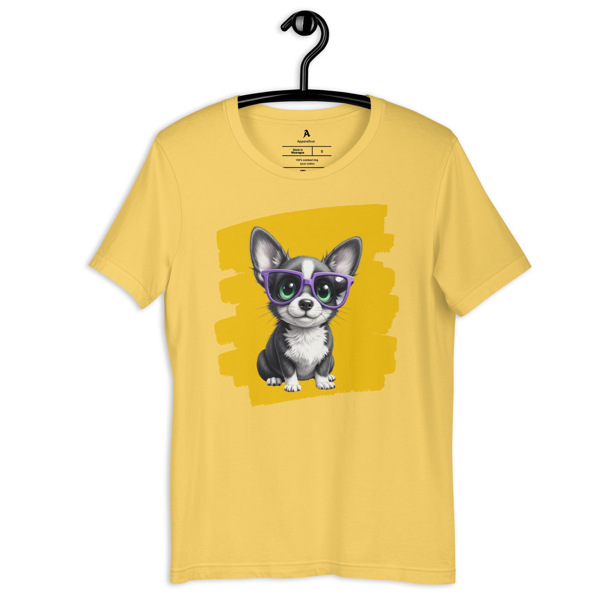 Minimalist pop art dog shirt with bold yellow paint splash.