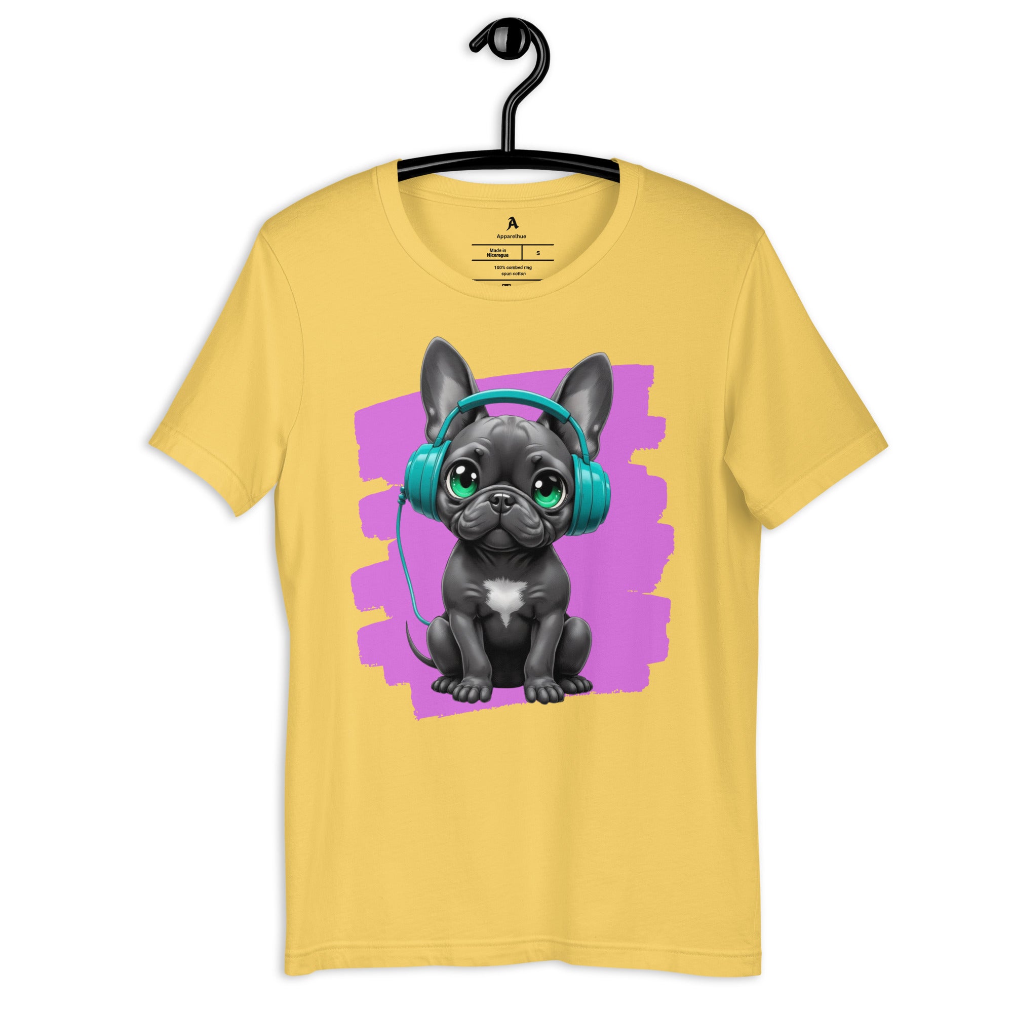 Minimalist white tee with a colourful DJ French Bulldog design.