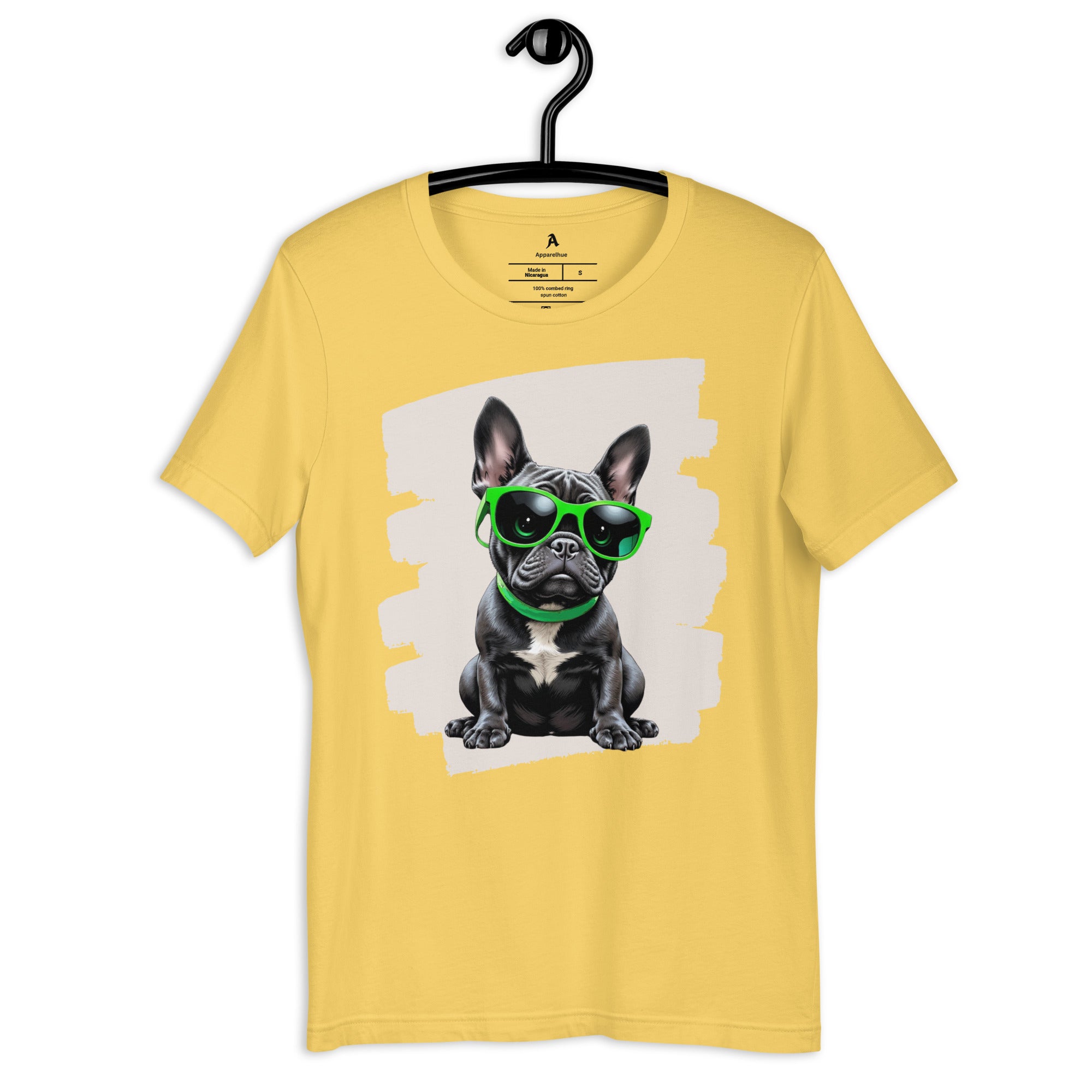 High-quality graphic print of a Frenchie in neon green sunglasses for clothing.