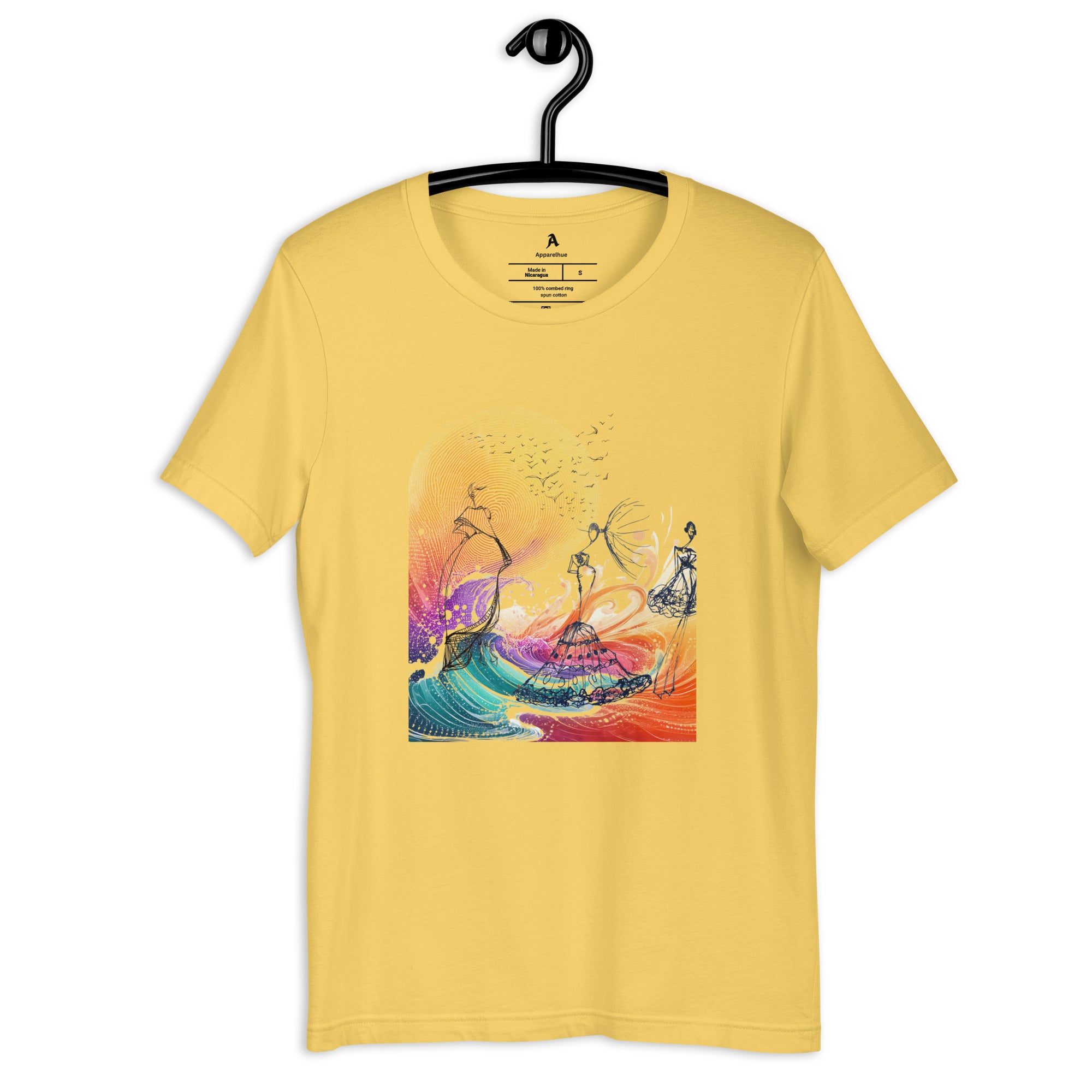 Artistic white t-shirt for women featuring a rainbow abstract design.