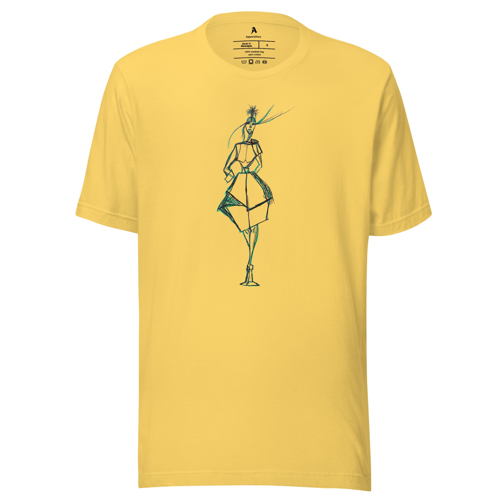 Avant-garde fashion illustration graphic on a tee, showing a stylized figure with a structured, angular skirt and a feathered headpiece.