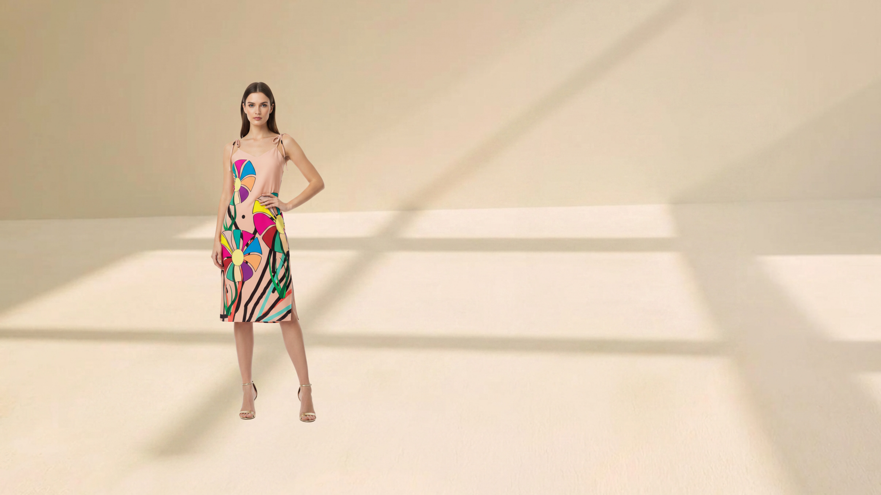 A model stands in a minimalist studio wearing a sleeveless, knee-length dress with a vibrant multicolor abstract geometric print on a cream base. The background is a warm beige with soft window-light shadows.