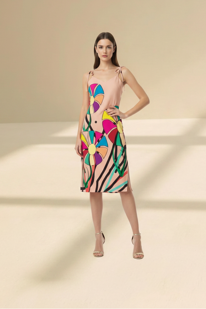 A model stands in a studio wearing a sleeveless midi dress with a solid blush pink upper section and a colorful abstract geometric print on the skirt. She is holding a matching pink handbag and wearing nude high-heeled sandals.